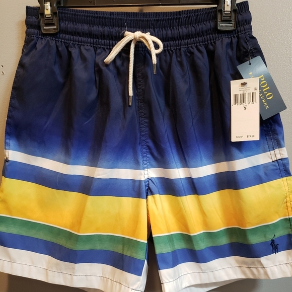 Ralph Lauren Polo Blue, Yellow, Green Striped Swim Trunks, Small - Picture 1 of 6